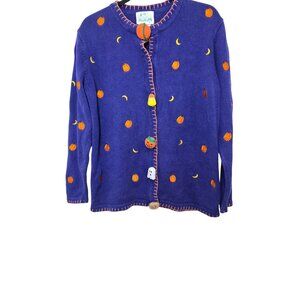 The Quacker Factory Halloween Cardigan Pumpkin & Ghost Embroidered Buttons Size